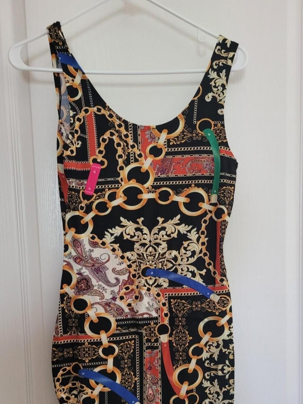 love J Black Midi Dress with Gold Chain and Multicolor Accents